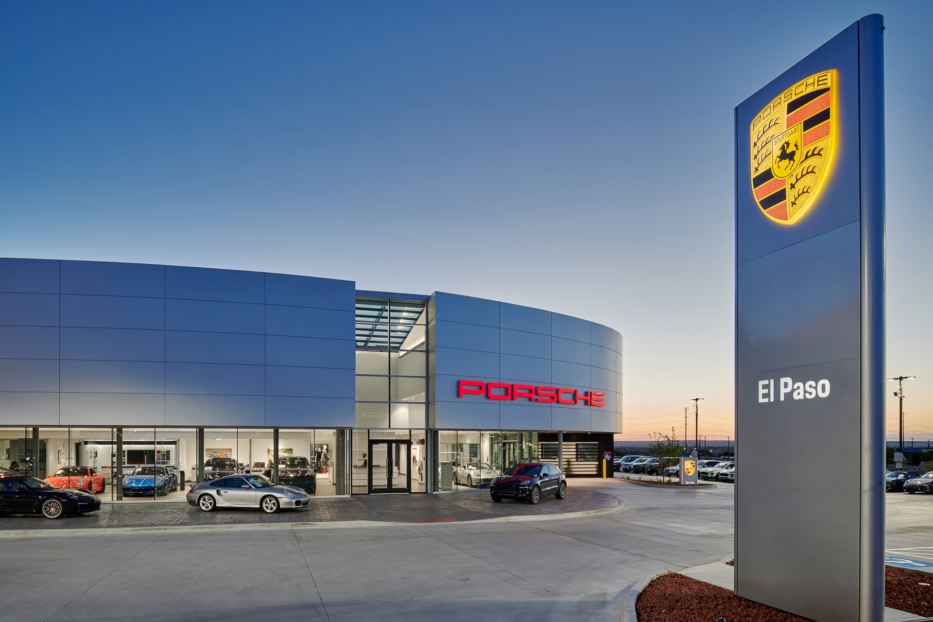 exterior architectural photography of porsche dealership