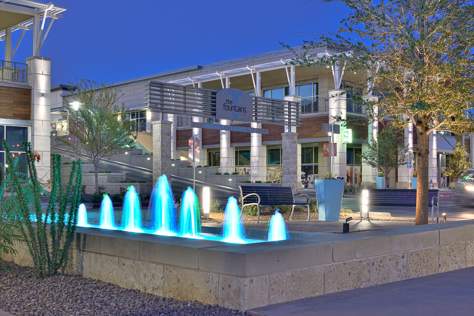 Night scene at The Fountains at Farah